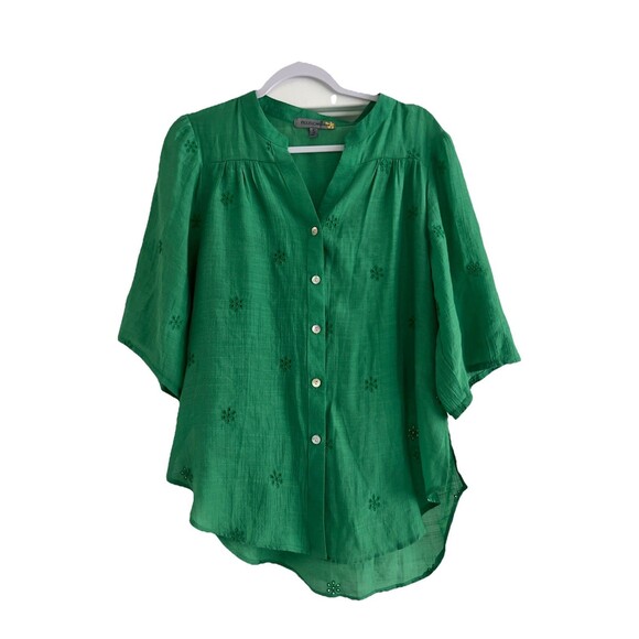 Figueroa and Flower Top Womens Green Small Lightweight Mid Sleeve Blouse Eyelet - Picture 1 of 7
